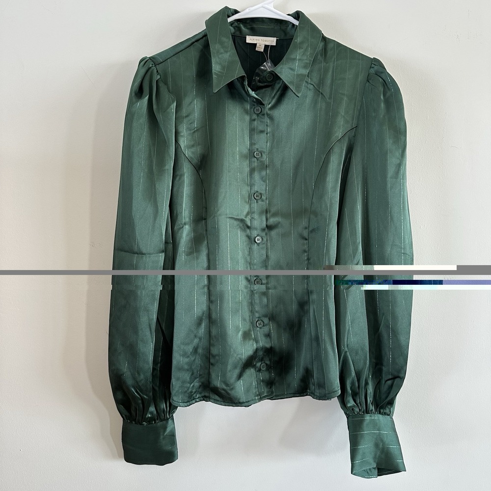 Women's Flying Tomato Green Satin Long Sleeve Blouse Shirt Puff Sleeve Dressy‎ M